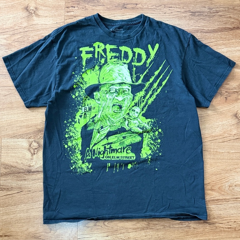 Black Freddy Graphic Short-Sleeve Tee with Neon Green Print